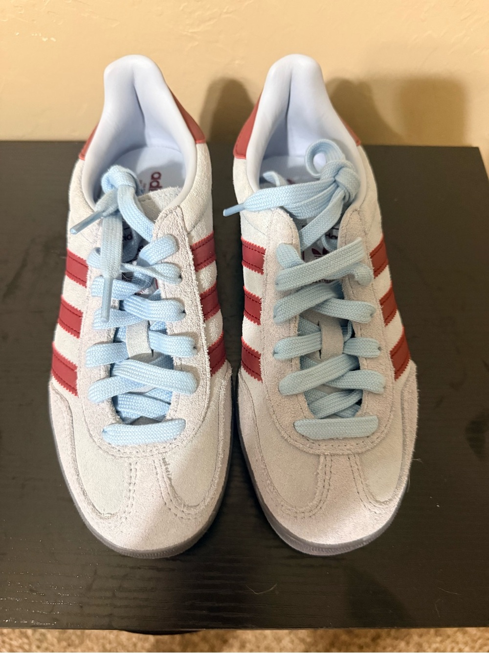 adidas Gazelle Indoor Light Blue Suede Sneakers with Maroon Stripes NWOT